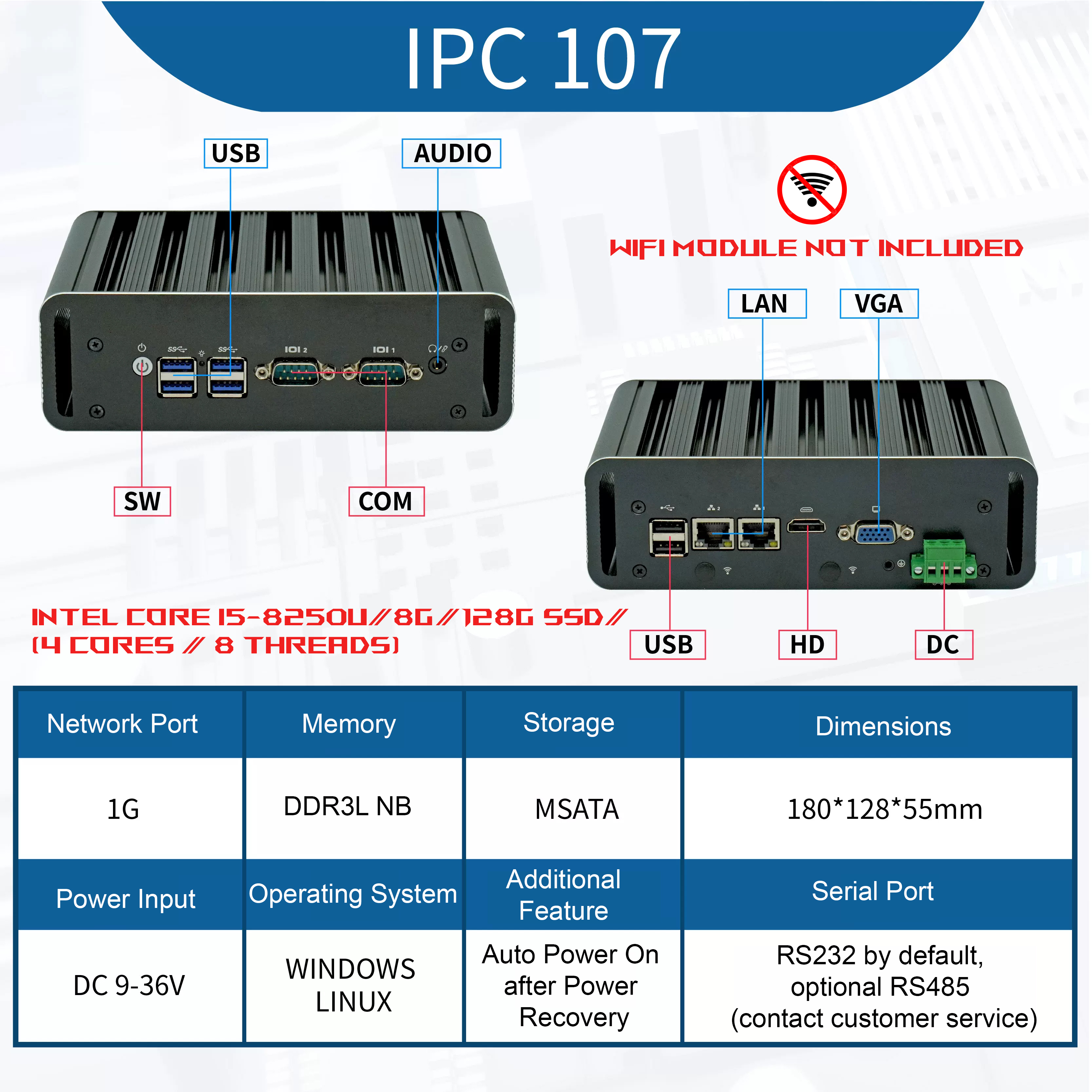 Intel Core i5-8250U-Industrial Fanless Mini PC
